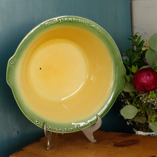 French Vintage "Charcuterie de Porc Fermier/L'Ancienne" Glazed Ceramic Stoneware Round Casserole Dish Bowl ~ Enameled Sandstone Gratin Pan