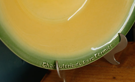 French Vintage "Charcuterie de Porc Fermier/L'Ancienne" Glazed Ceramic Stoneware Round Casserole Dish Bowl ~ Enameled Sandstone Gratin Pan