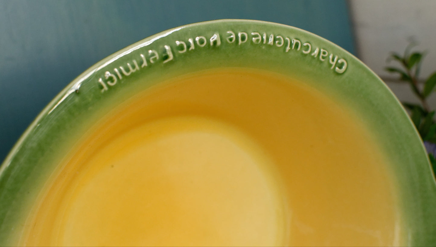 Français vintage « Charcuterie de Porc Fermier/L’Ancienne » Plat de cocotte ovale en grès céramique émaillé ~ Poêle à gratin en grès émaillé