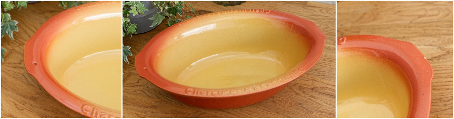 French Vintage "Charcuterie de Porc Fermier/L'Ancienne" Glazed Ceramic Stoneware Oval Casserole Dish Enameled Sandstone Gratin Pan