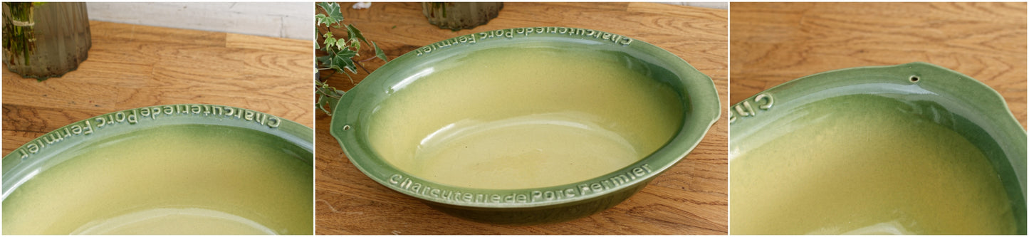 French Vintage "Charcuterie de Porc Fermier/L'Ancienne" Glazed Ceramic Stoneware Oval Casserole Dish Enameled Sandstone Gratin Pan
