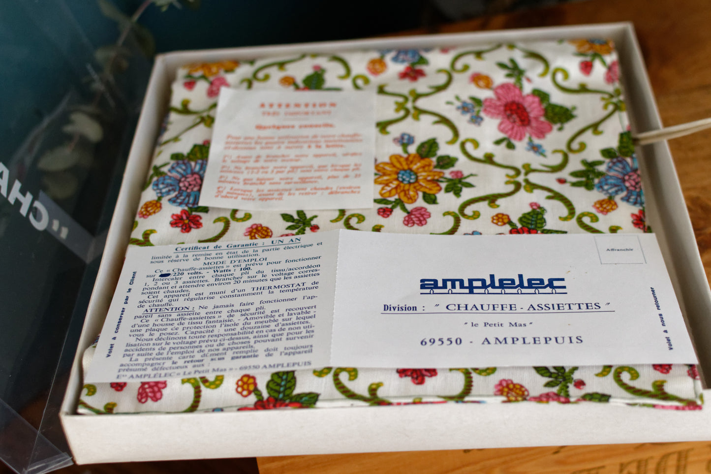 1970s French Vintage Electric 12 Plate Warmer in Fabric "Chauffe Assiettes Plat" Made by AMPLELEC 100% cotton 68550 Amplepuis