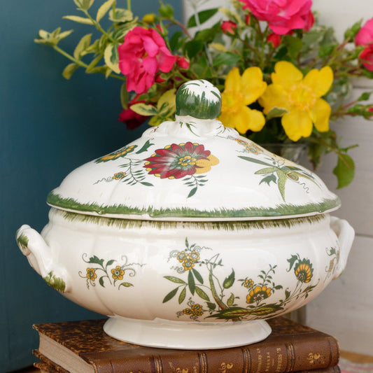 CLARENCE SARREGUEMINES France Decor Garanti inalterable  French Vintage Hand-Painted Ironstone Polychrome Soup Tureen "Soupiere" Terre de fer en Faience