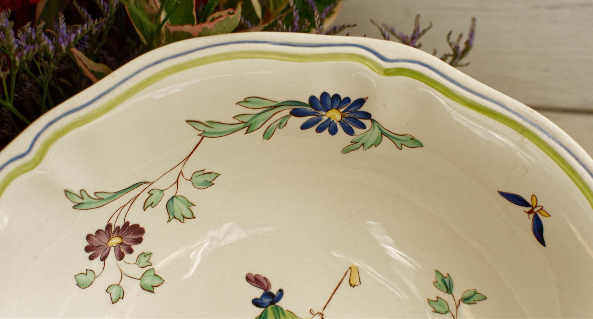 French Vintage Hand-Painted Collectible Ironstone Moustiers Footed Fruit Bowl Compotier Terre de Fer en Faience