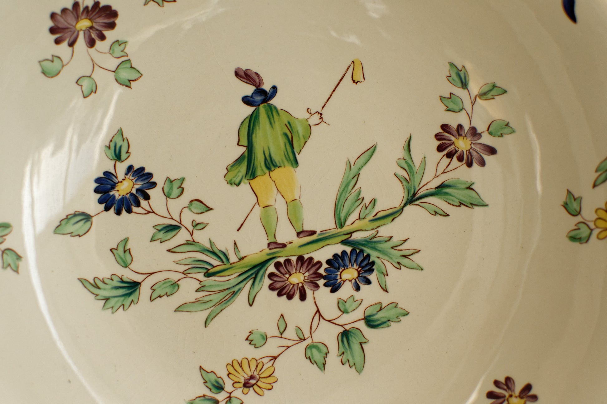 French Vintage Hand-Painted Collectible Ironstone Moustiers Footed Fruit Bowl Compotier Terre de Fer en Faience
