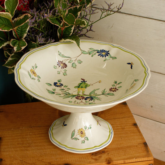 French Vintage Hand-Painted Collectible Ironstone Moustiers Footed Fruit Bowl Compotier Terre de Fer en Faience