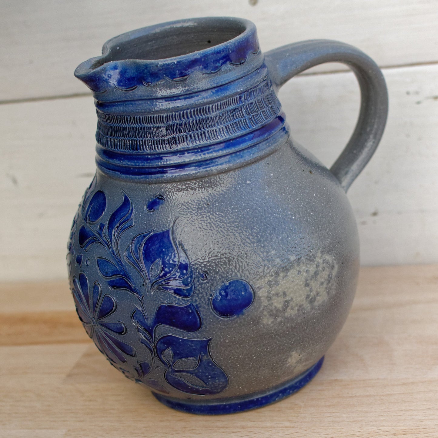 ALSACE BETSCHDORE French Stoneware Pitcher Collectible Alsace Themed Salt Glazed Sandstone