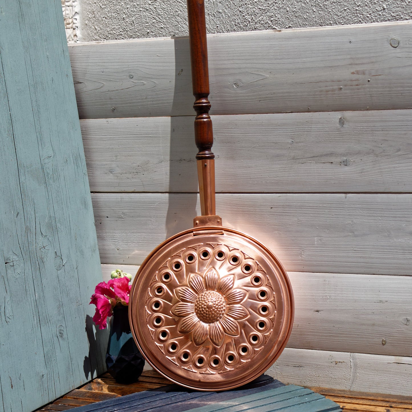 French Vintage Copper Bed Warmer L. (Lucien) Lecellier Villedieu chaudronnerie Bassinoire Chauffe Lit En Cuivre