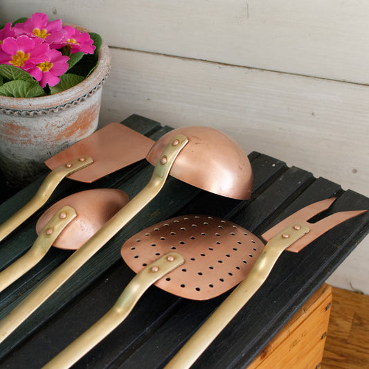 French Vintage Decorative Collectible Artisanal Copper "Cuivre" & Brass "Laiton" Utensils ~ Set of 5 Copper Hanging Serving Utentils