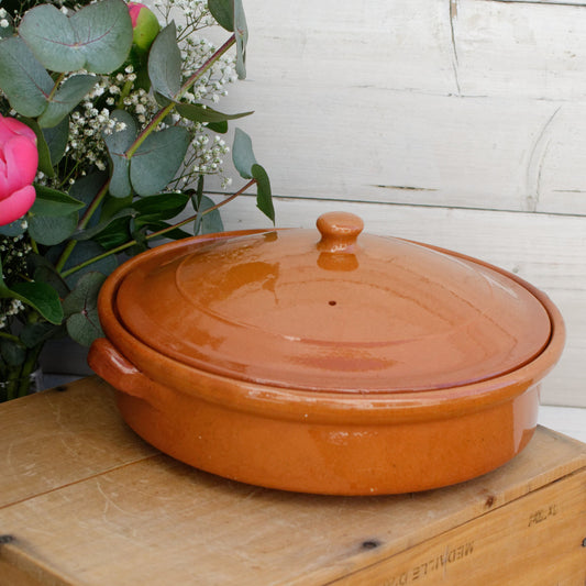 1950s French Vintage Stoneware Casserole Dish with Cover Glazed Enameled Ceramic Round Flat Serving Pan with side Handles Terra Cotta Terre Cuite Sandstone