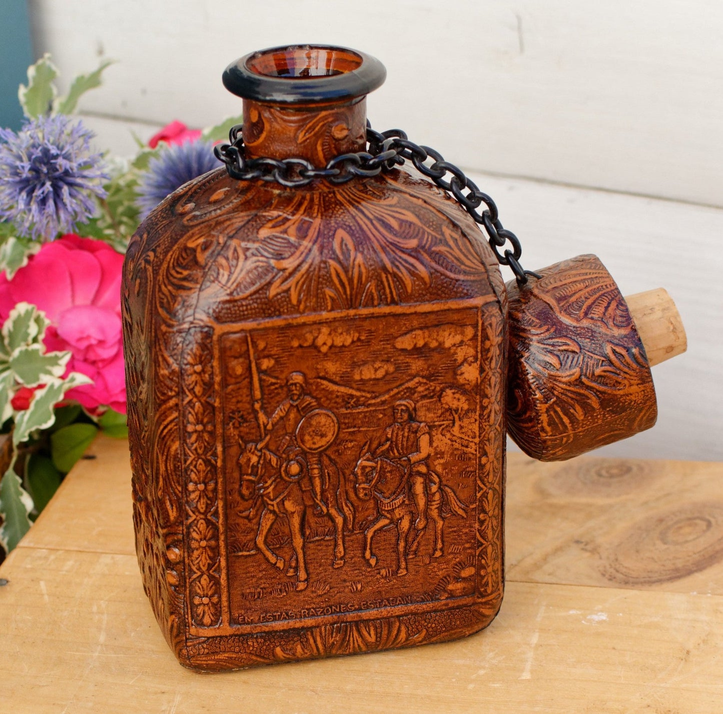 Vintage Collectible Leather Covered Spanish Liquor Bottle Decanter ~Vieux Calvados ~ Incribed EN ESTAS RAZONES ESTABON