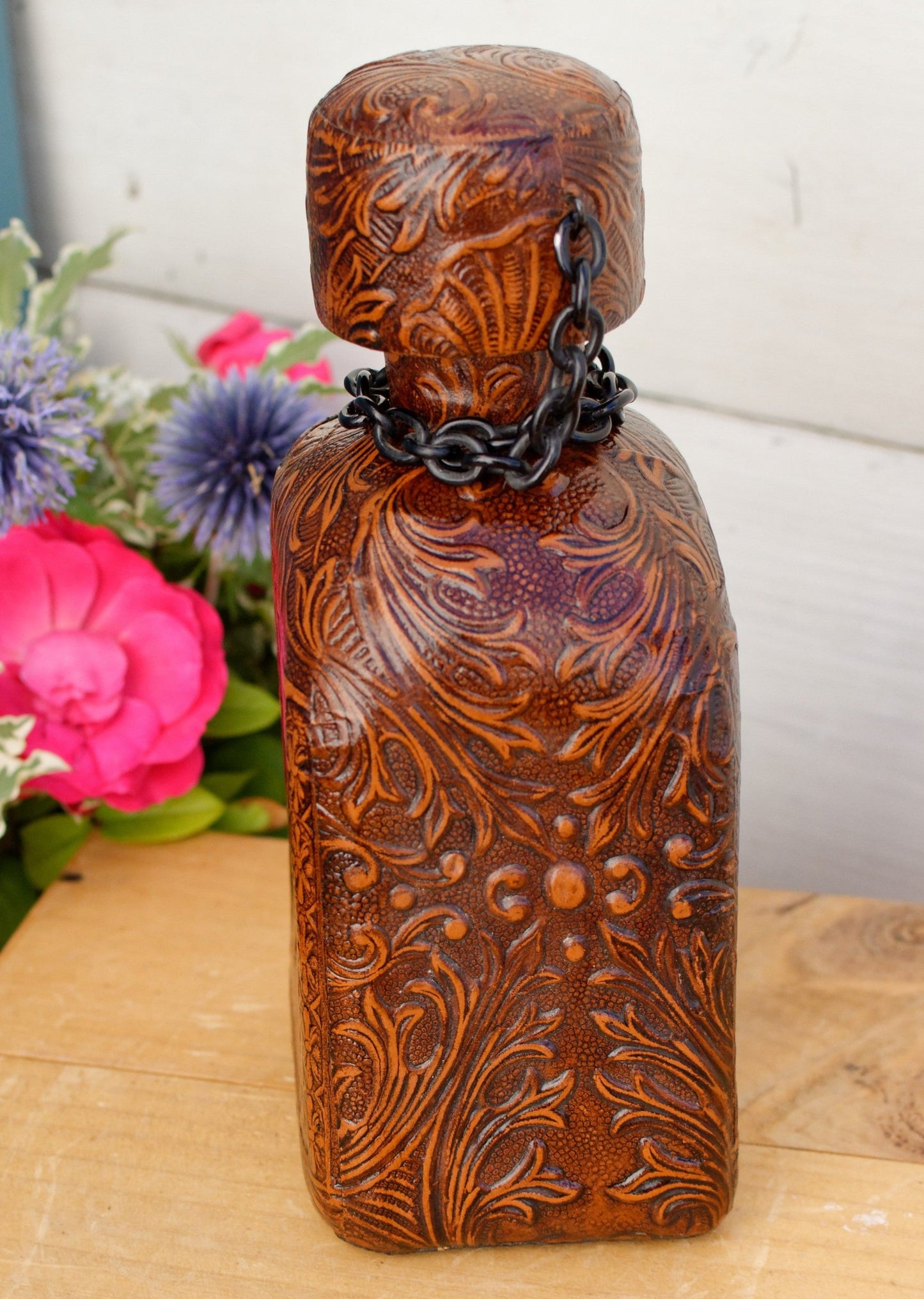 Vintage Collectible Leather Covered Spanish Liquor Bottle Decanter ~Vieux Calvados ~ Incribed EN ESTAS RAZONES ESTABON