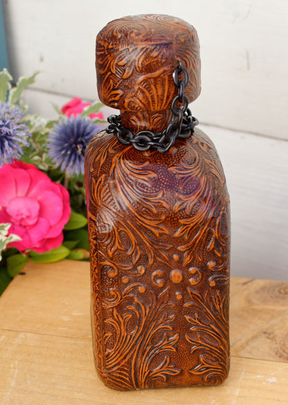 Vintage Collectible Leather Covered Spanish Liquor Bottle Decanter ~Vieux Calvados ~ Incribed EN ESTAS RAZONES ESTABON