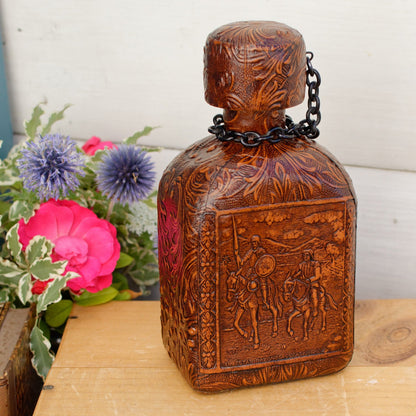 Vintage Collectible Leather Covered Spanish Liquor Bottle Decanter ~Vieux Calvados ~ Incribed EN ESTAS RAZONES ESTABON