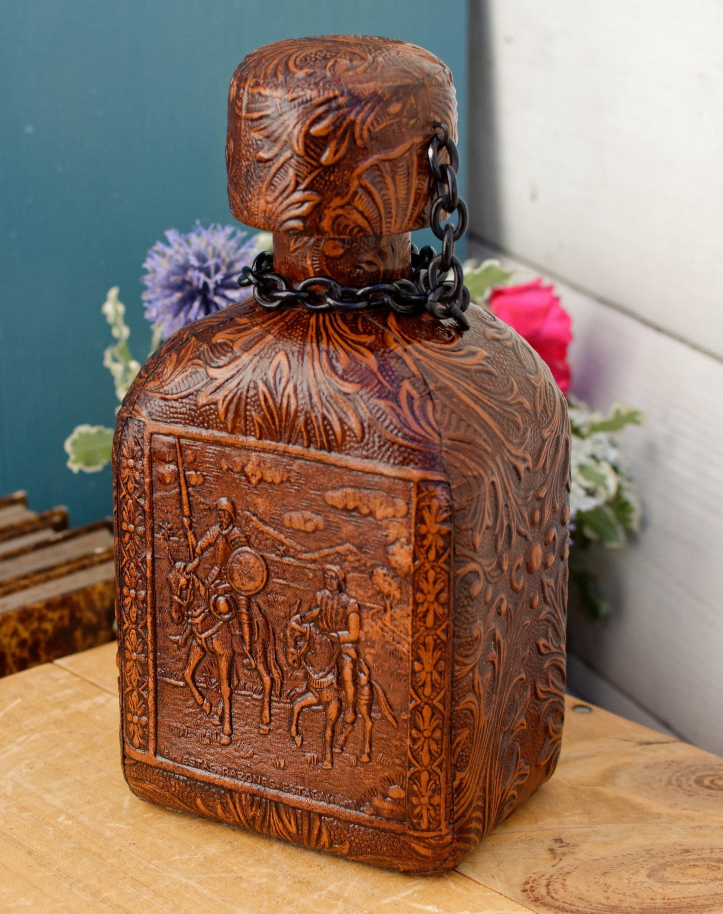 Vintage Collectible Leather Covered Spanish Liquor Bottle Decanter ~Vieux Calvados ~ Incribed EN ESTAS RAZONES ESTABON