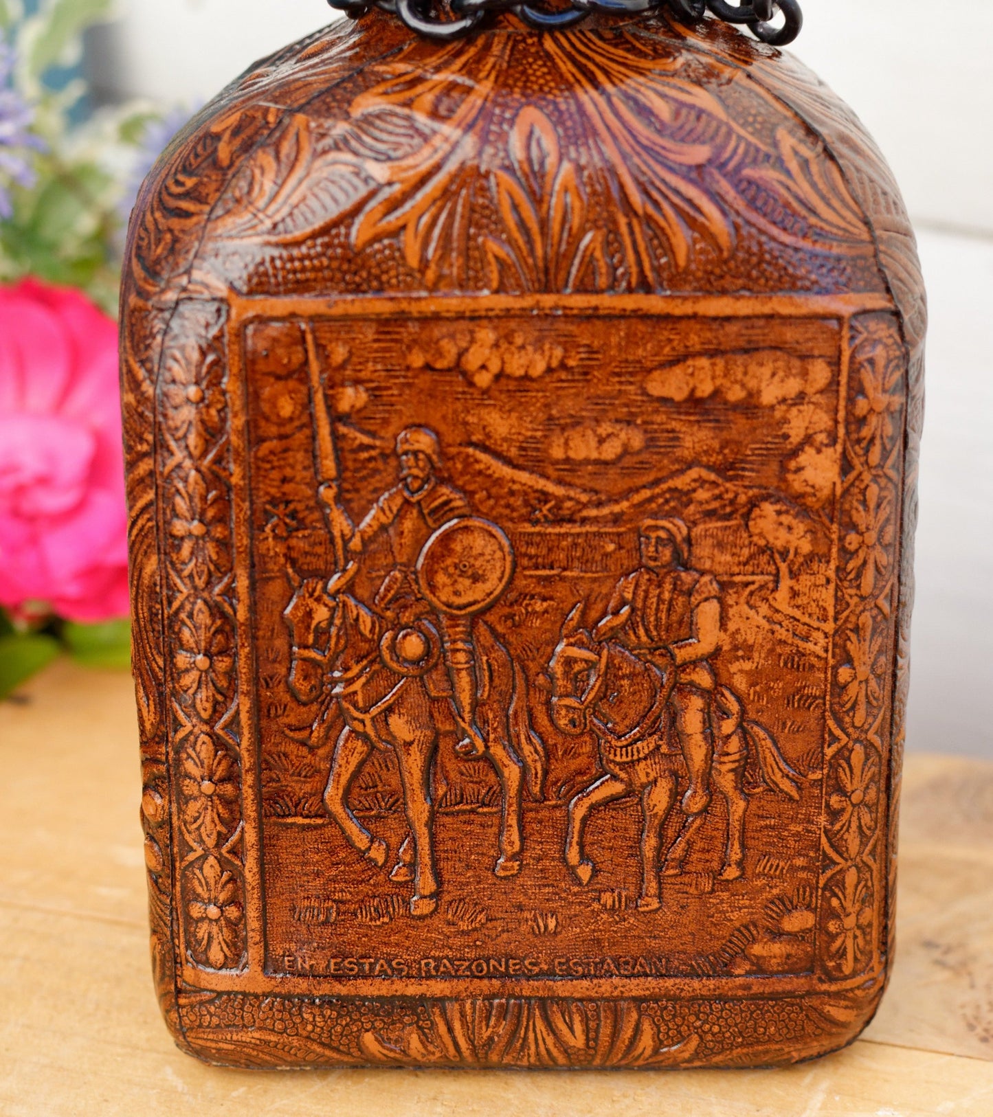 Vintage Collectible Leather Covered Spanish Liquor Bottle Decanter ~Vieux Calvados ~ Incribed EN ESTAS RAZONES ESTABON