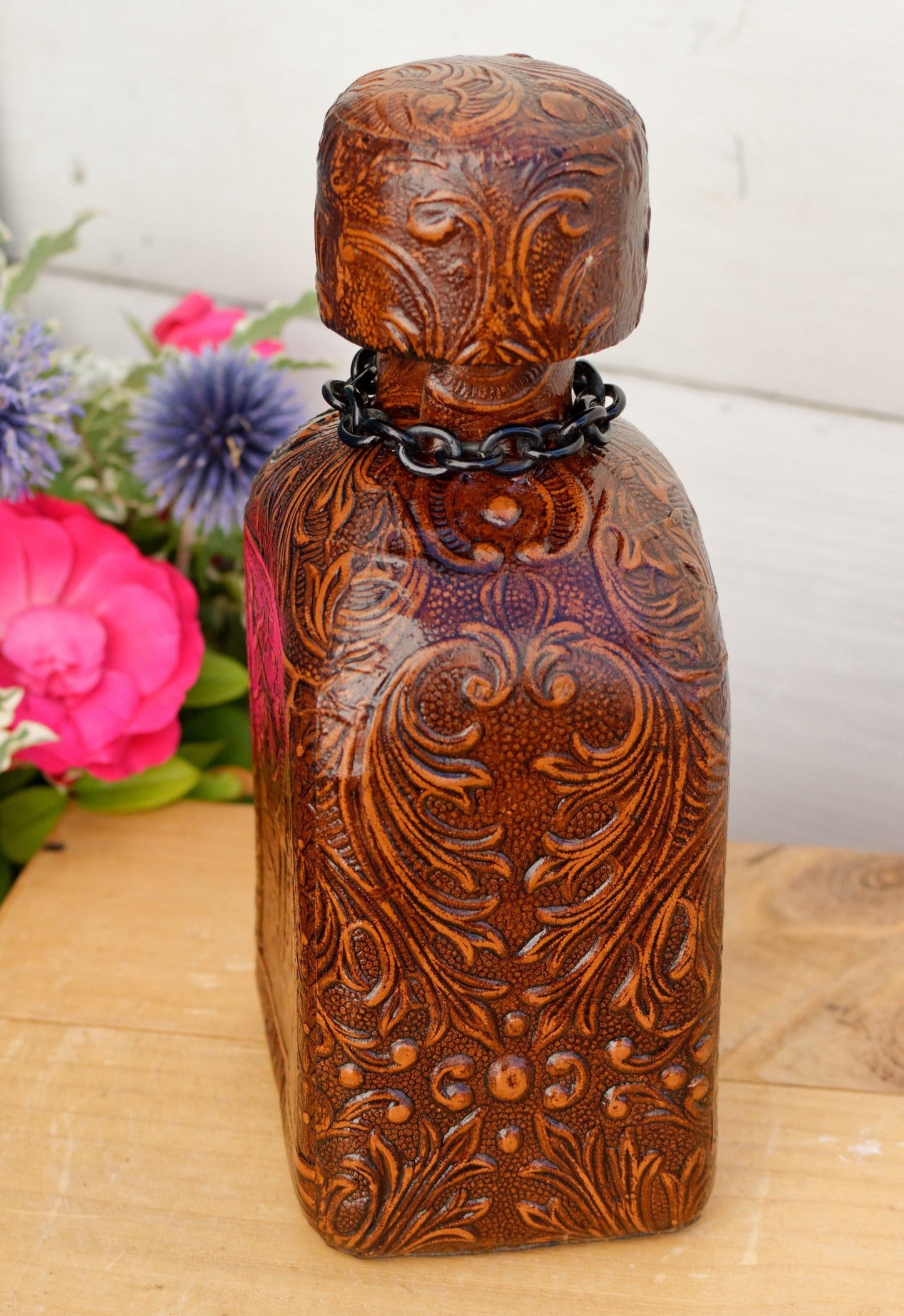 Vintage Collectible Leather Covered Spanish Liquor Bottle Decanter ~Vieux Calvados ~ Incribed EN ESTAS RAZONES ESTABON