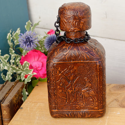 Vintage Collectible Leather Covered Spanish Liquor Bottle Decanter ~Vieux Calvados ~ Incribed EN ESTAS RAZONES ESTABON