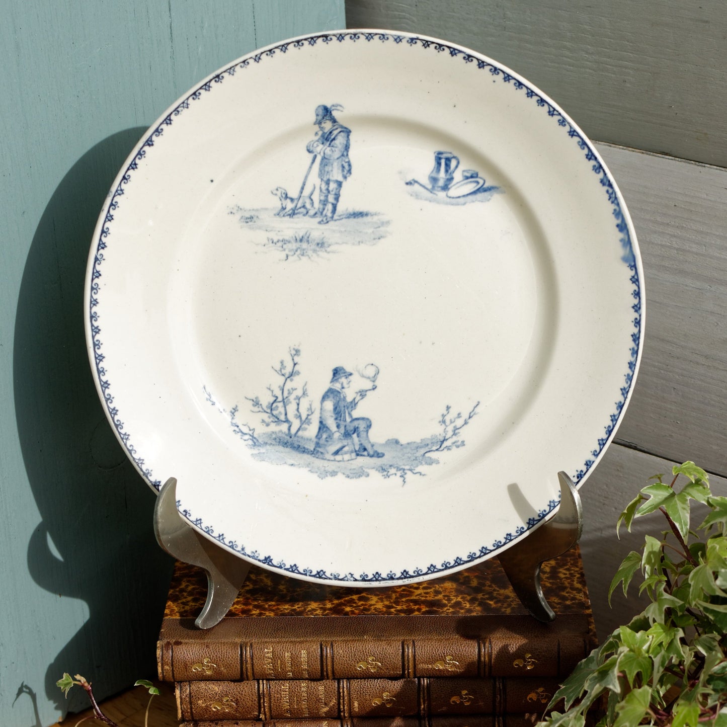 TENIERS CM Creil Montereau French Antique Ironstone Blue Transferware Footed Cake Stand Terre de Fer