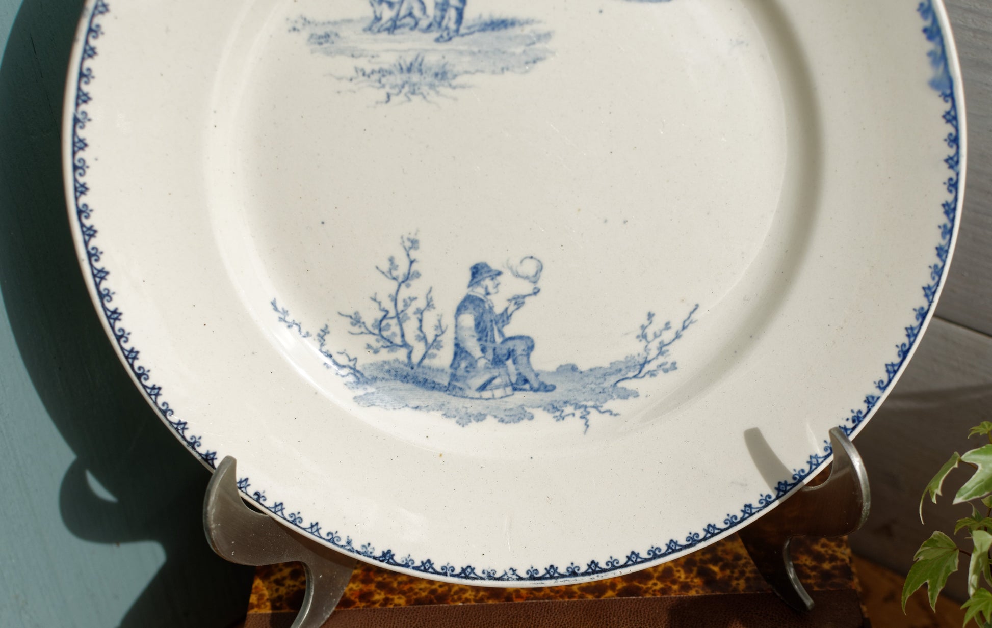 TENIERS CM Creil Montereau French Antique Ironstone Blue Transferware Footed Cake Stand Terre de Fer