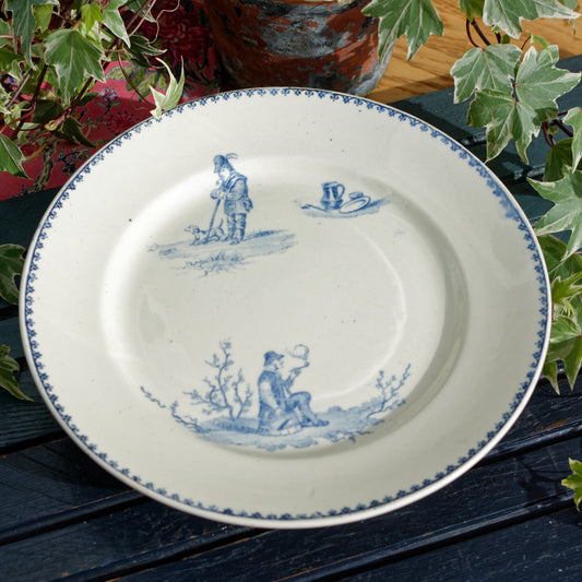 TENIERS CM Creil Montereau French Antique Ironstone Blue Transferware Footed Cake Stand Terre de Fer