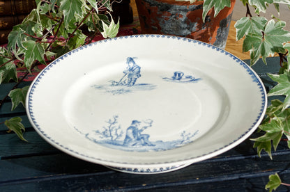 TENIERS CM Creil Montereau French Antique Ironstone Blue Transferware Footed Cake Stand Terre de Fer