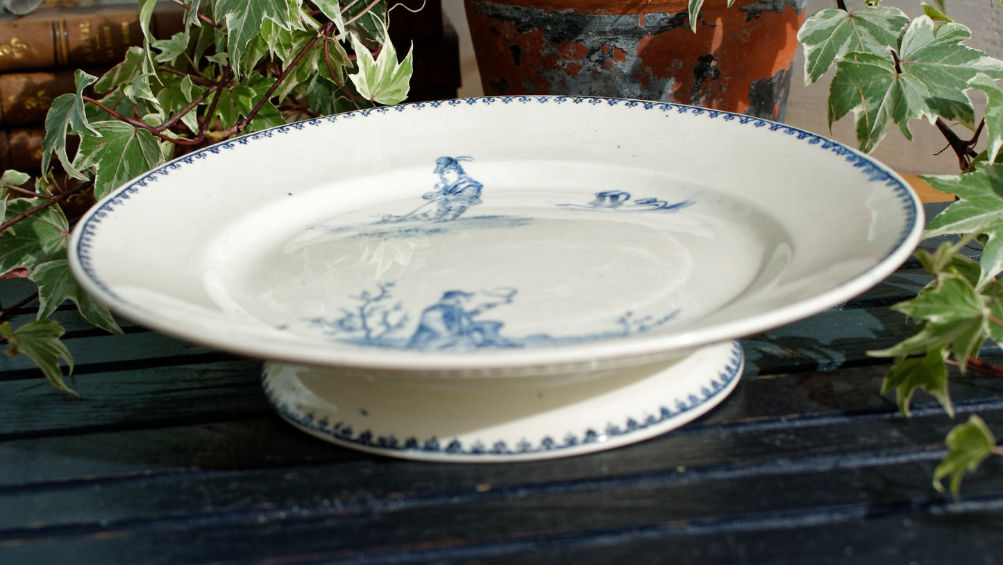 TENIERS CM Creil Montereau French Antique Ironstone Blue Transferware Footed Cake Stand Terre de Fer