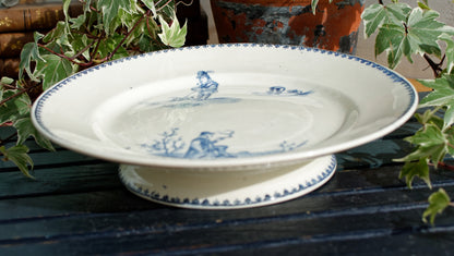 TENIERS CM Creil Montereau French Antique Ironstone Blue Transferware Footed Cake Stand Terre de Fer