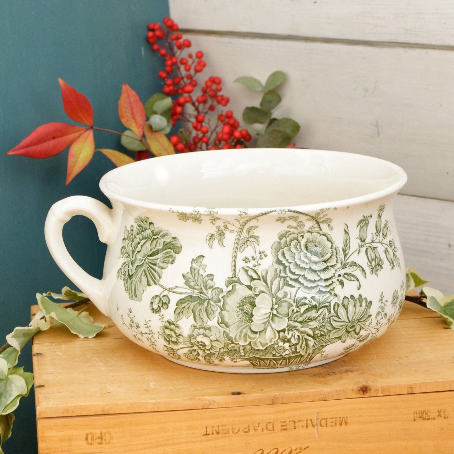 1930s CROWN DEVON Fieldings Staffordshire England English Antique Collectible Ironstone Green Transferware Large Bathroom Pitcher Pot de Chambre BROC CRUCHE Terre de fer en Faience