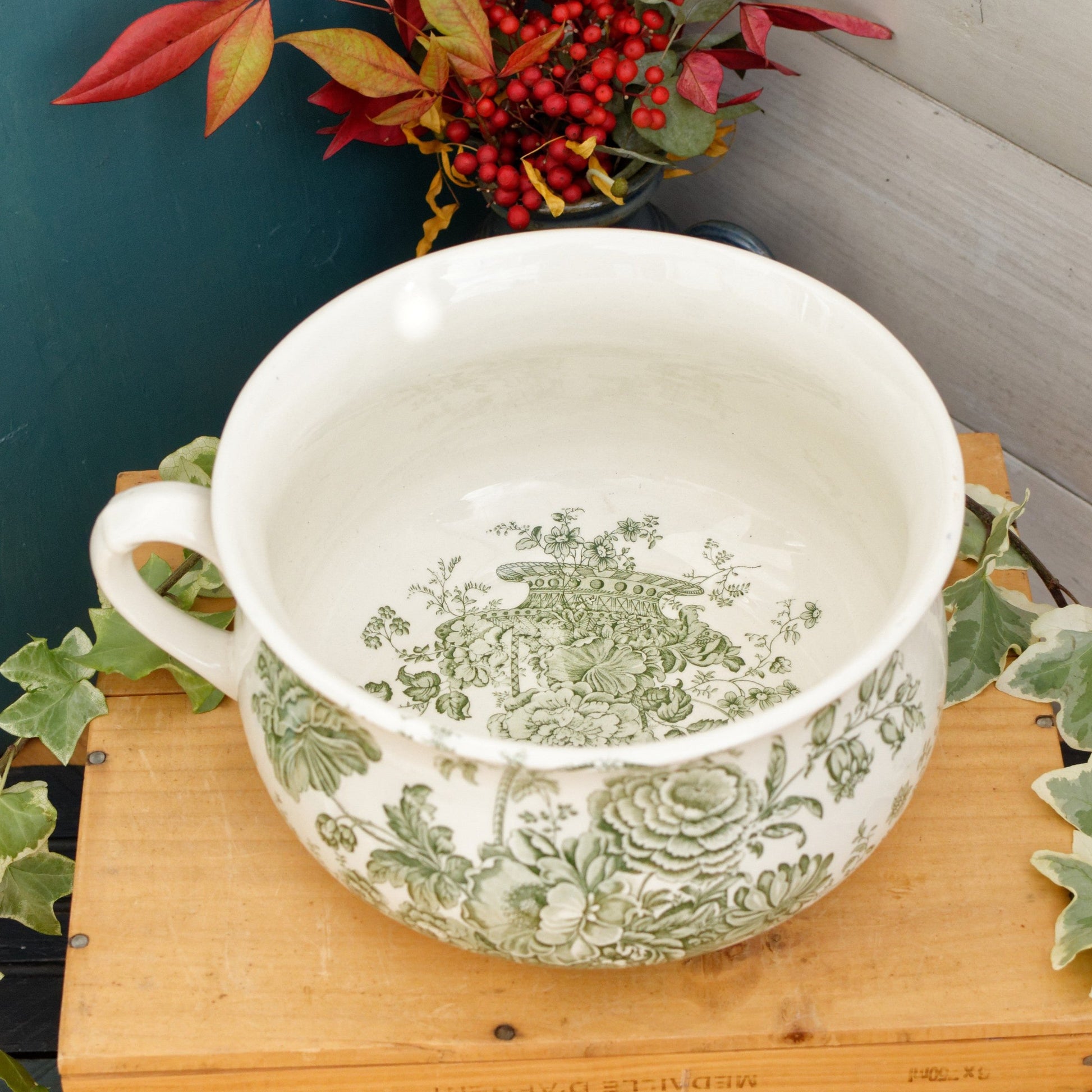 1930s CROWN DEVON Fieldings Staffordshire England English Antique Collectible Ironstone Green Transferware Large Bathroom Pitcher Pot de Chambre BROC CRUCHE Terre de fer en Faience