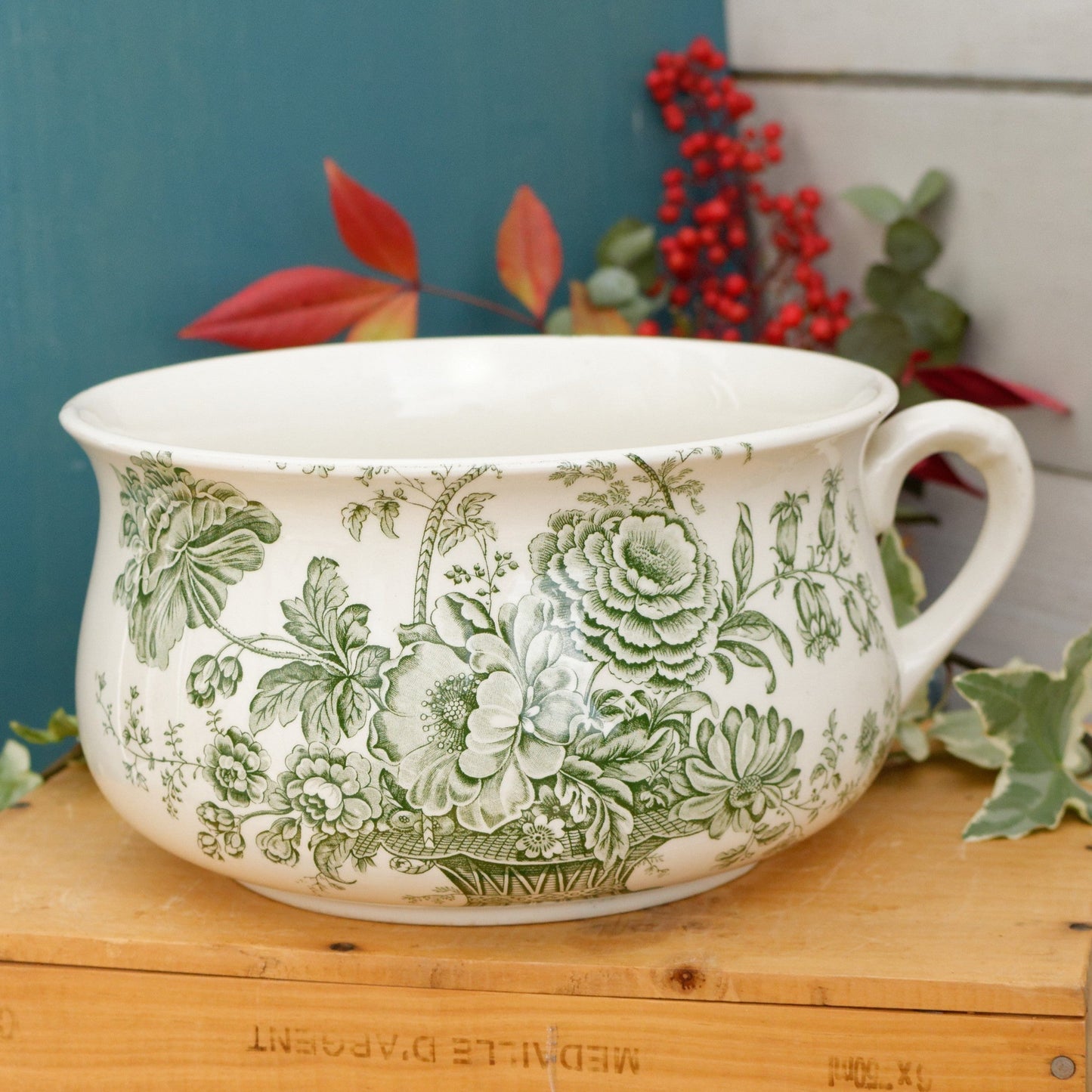 1930s CROWN DEVON Fieldings Staffordshire England English Antique Collectible Ironstone Green Transferware Large Bathroom Pitcher Pot de Chambre BROC CRUCHE Terre de fer en Faience