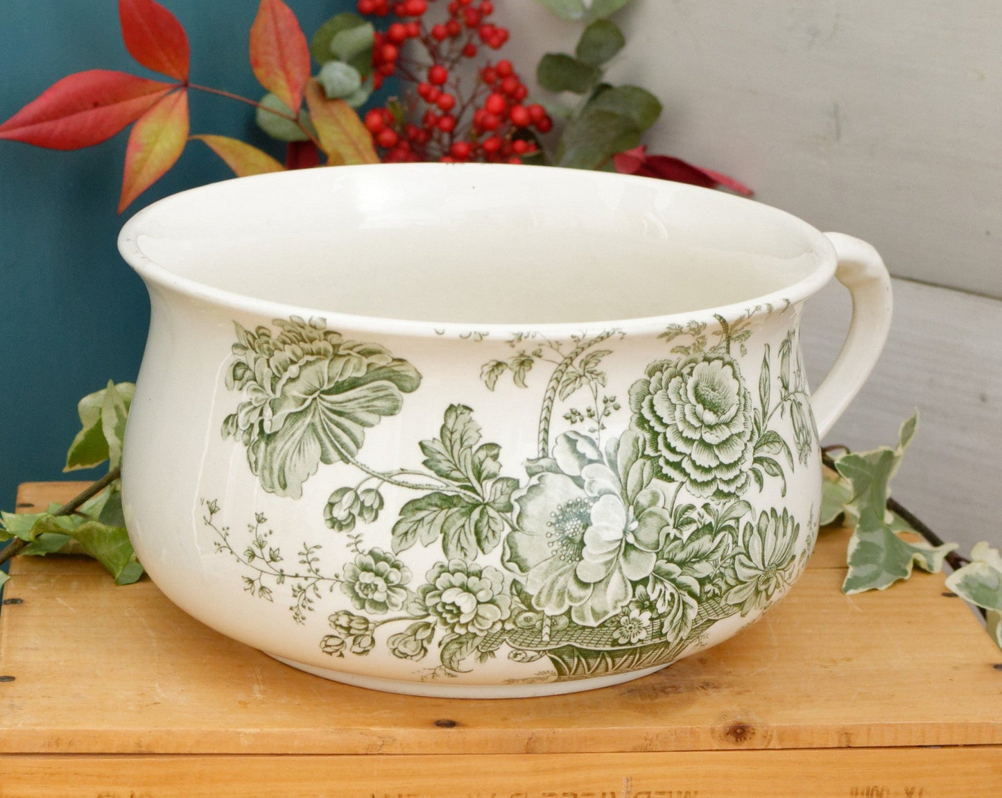 1930s CROWN DEVON Fieldings Staffordshire England English Antique Collectible Ironstone Green Transferware Large Bathroom Pitcher Pot de Chambre BROC CRUCHE Terre de fer en Faience