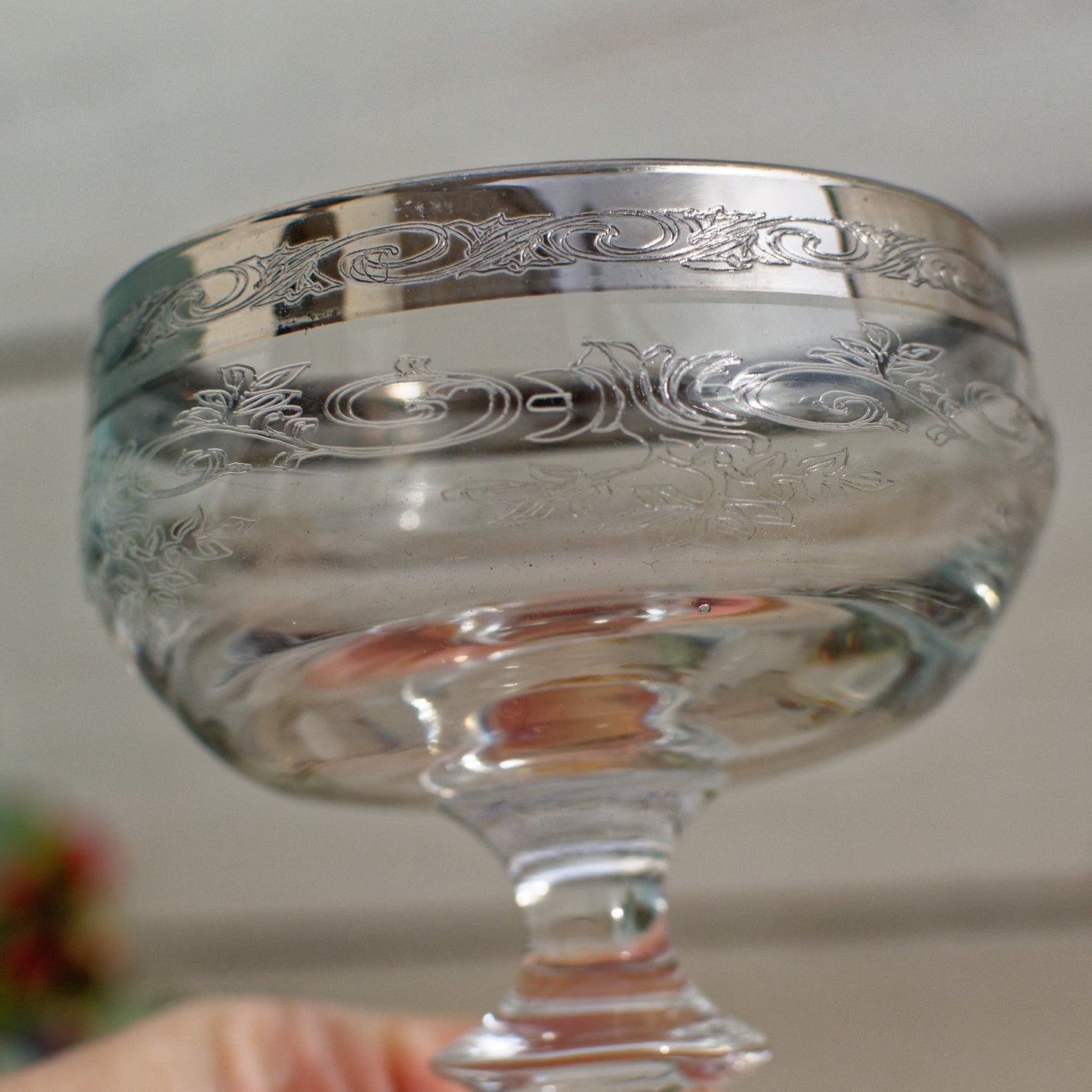 French Vintage Etched Silver Rimmed Champagne Glass