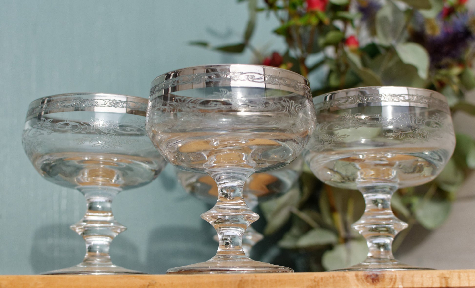 French Vintage Etched Silver Rimmed Champagne Glass