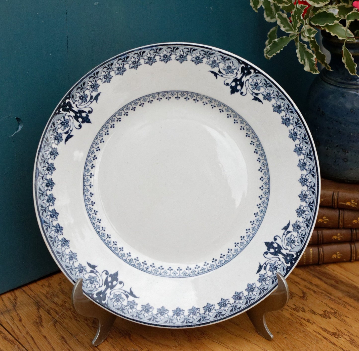 Dahomey Sarreguemines U&C French Antique Ironstone Blue transferware Dinner Plate Terre de Fer Faience