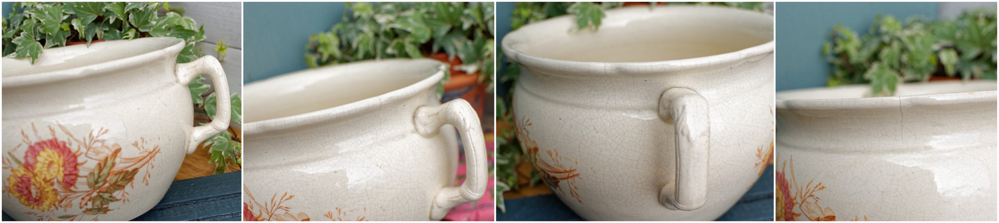 DAISY Chrysanthemum French Antique Collectible Ironstone Polychrome Large Bathroom Pitcher Pot de Chambre BROC CRUCHE Terre de fer en Faience