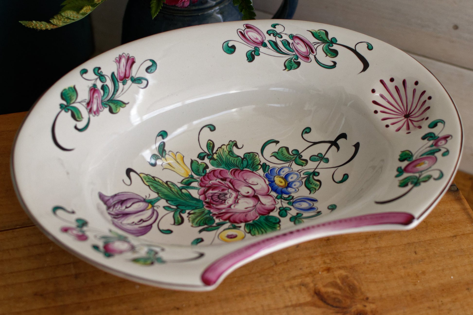 French Antique Ironstone Barber Shaving Razor Bowl DECOR Strasbourg Fait a la Main Faiencerie Polychrome Hand-Painted Ironstone