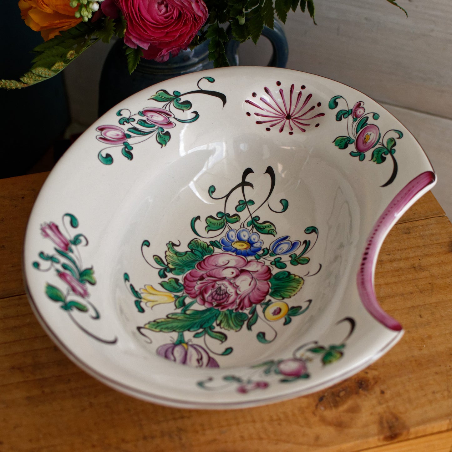 French Antique Ironstone Barber Shaving Razor Bowl DECOR Strasbourg Fait a la Main Faiencerie Polychrome Hand-Painted Ironstone