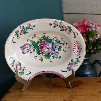 French Antique Ironstone Barber Shaving Razor Bowl DECOR Strasbourg Fait a la Main Faiencerie Polychrome Hand-Painted Ironstone