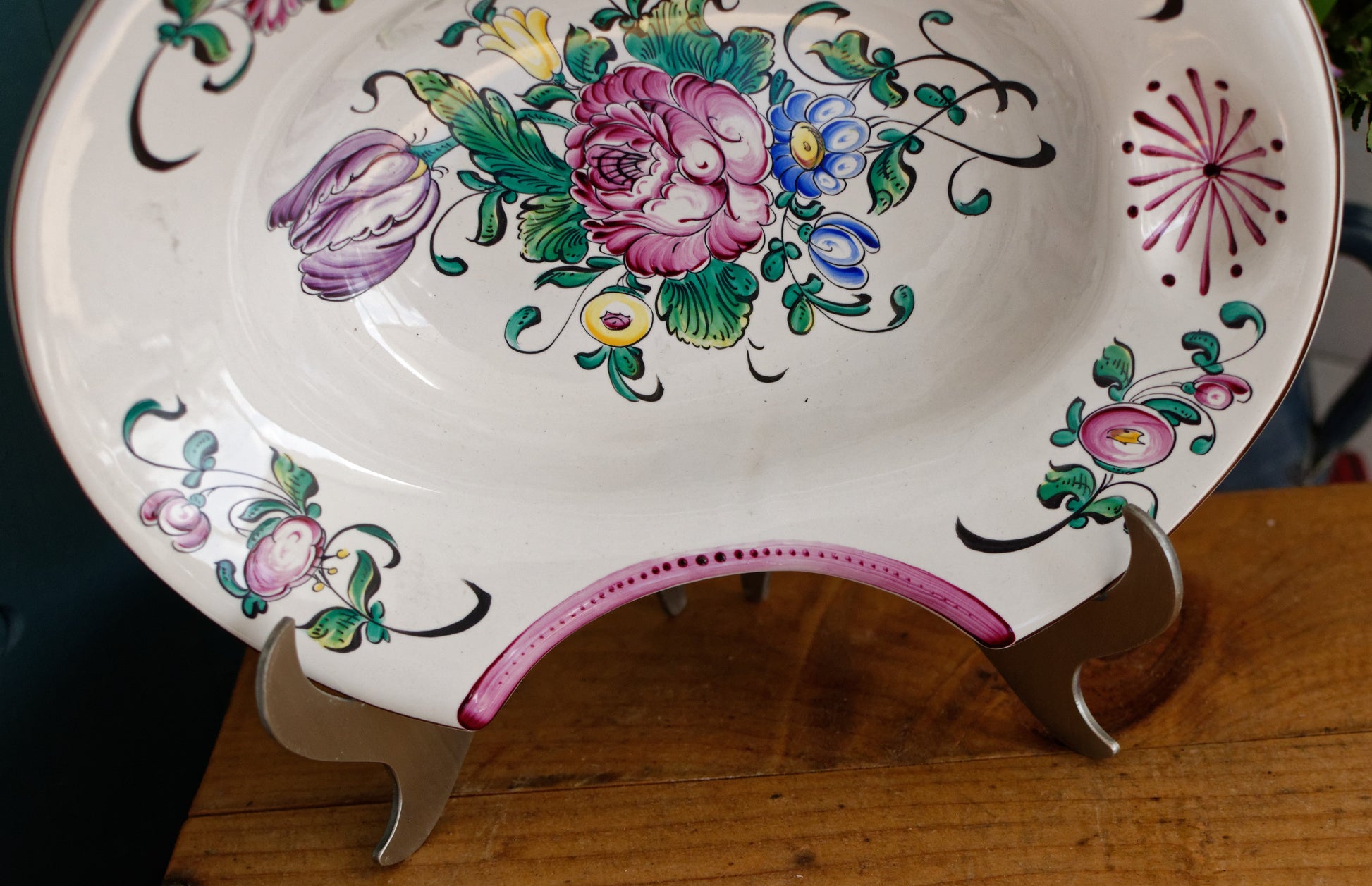 French Antique Ironstone Barber Shaving Razor Bowl DECOR Strasbourg Fait a la Main Faiencerie Polychrome Hand-Painted Ironstone