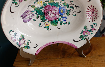 French Antique Ironstone Barber Shaving Razor Bowl DECOR Strasbourg Fait a la Main Faiencerie Polychrome Hand-Painted Ironstone