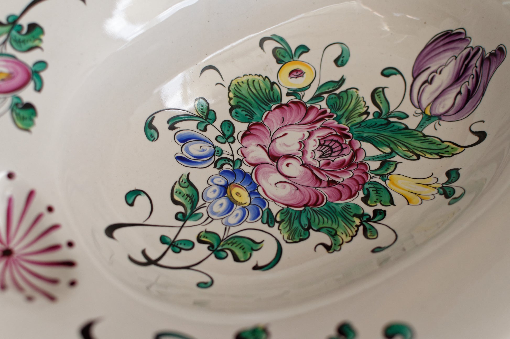 French Antique Ironstone Barber Shaving Razor Bowl DECOR Strasbourg Fait a la Main Faiencerie Polychrome Hand-Painted Ironstone