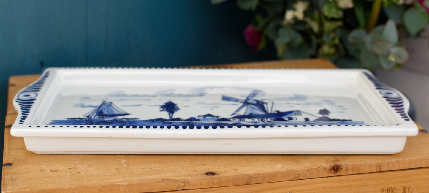 DELFT Blue Made in Holland Vintage Rectangle Cake Appetizer Serving Plate with side handles