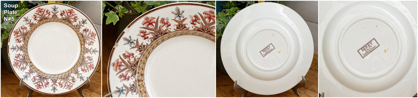 DERBY Motif Sarreguemines U&C French Antique Ironstone Polychrome Soup Plate Terre de Fer en FAIENCE