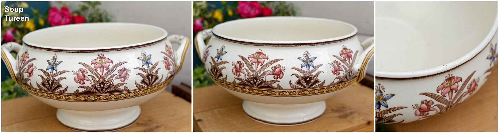 DERBY Motif Sarreguemines U&C French Antique Ironstone Polychrome Soup Tureen "Soupiere" Terre de Fer en FAIENCE