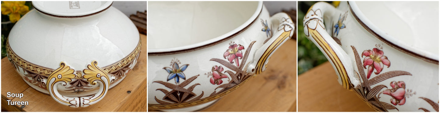 DERBY Motif Sarreguemines U&C French Antique Ironstone Polychrome Soup Tureen "Soupiere" Terre de Fer en FAIENCE