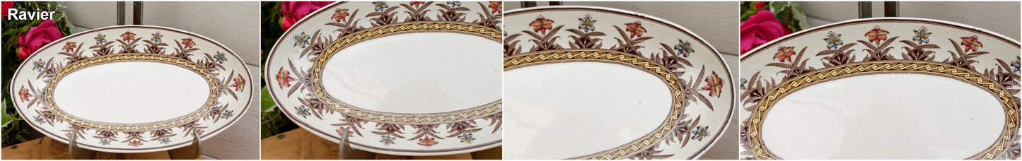 DERBY Motif Sarreguemines U&C French Antique Ironstone Polychrome Oval Serving Pieces Ravier Saucier Terre de Fer en FAIENCE