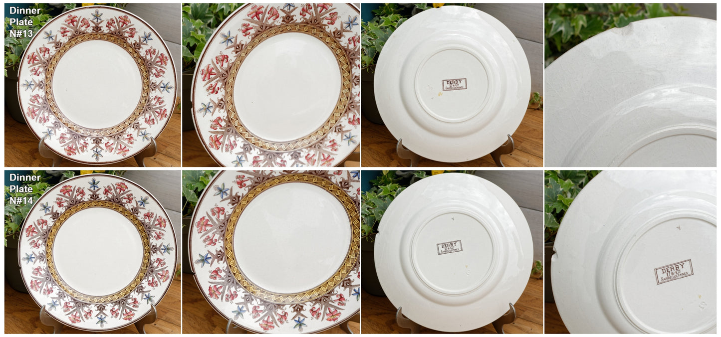 DERBY Motif Sarreguemines U&C French Antique Ironstone Polychrome Dinner Plate Terre de Fer en FAIENCE