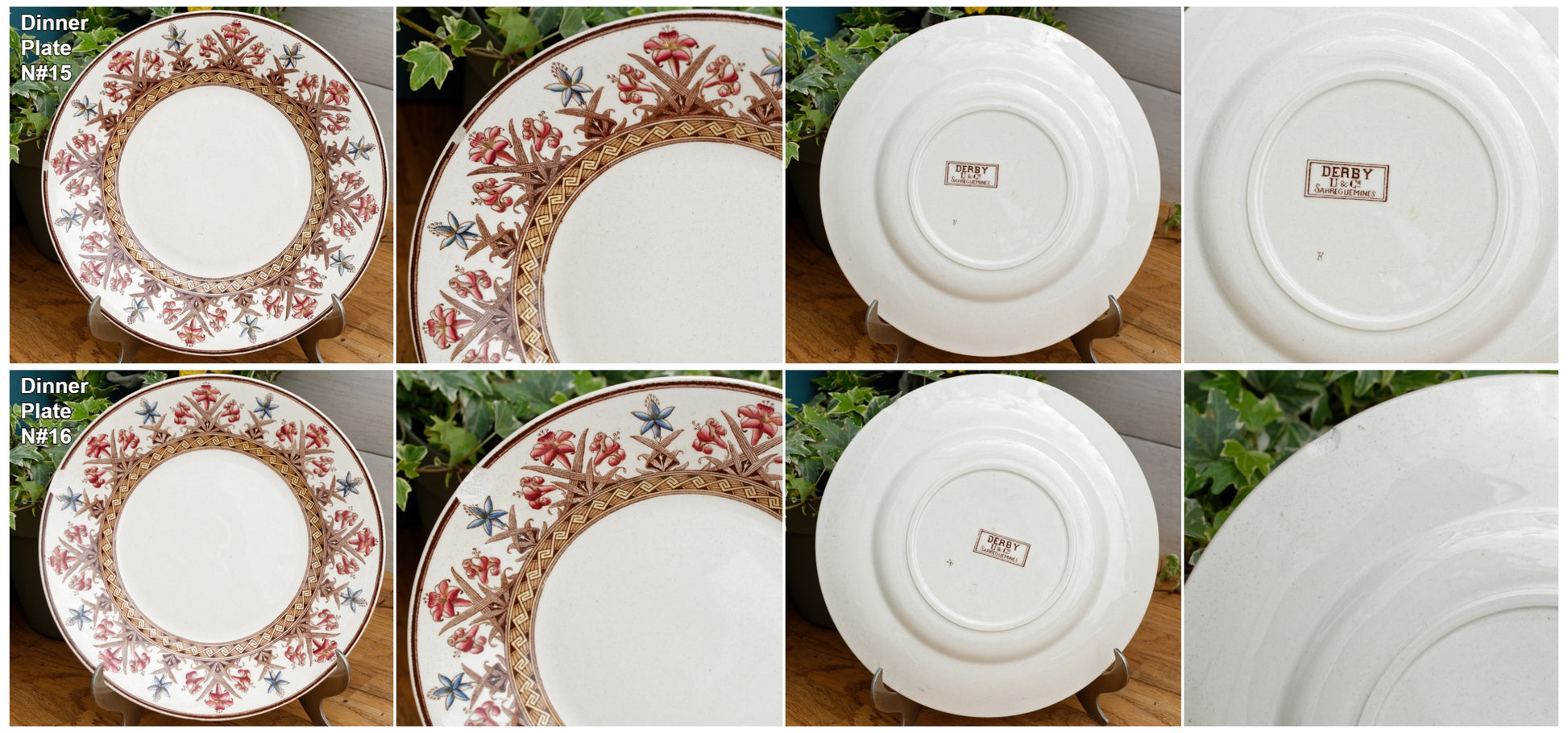 DERBY Motif Sarreguemines U&C French Antique Ironstone Polychrome Dinner Plate Terre de Fer en FAIENCE