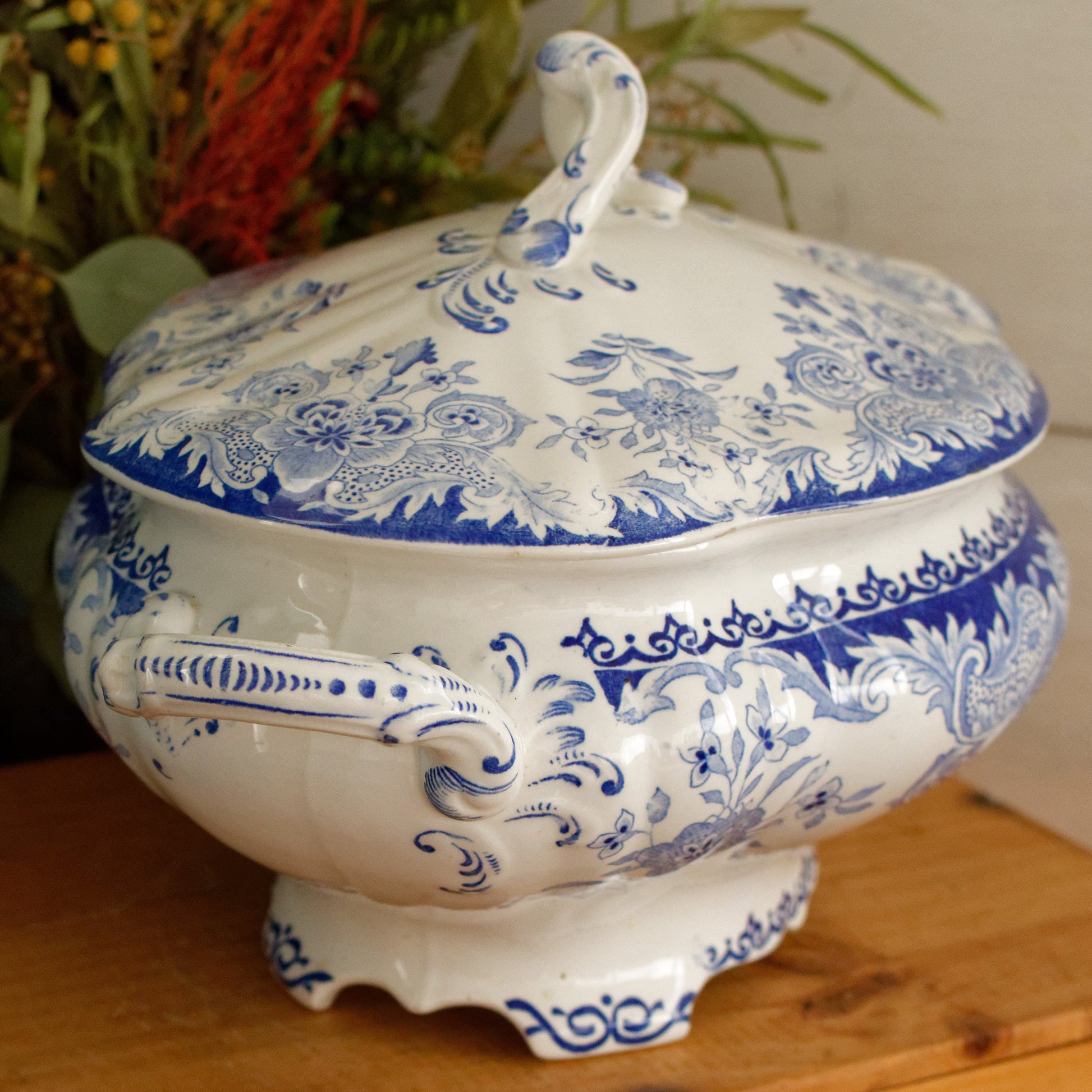 DORDRECHT Boch Freres Keramis (BFK) Belgian Antique Ironstone Large Blue Transferware Large Serving Tureen Terre de Fer en Faience